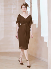 Robe en Mousseline à Col en V Orné de Strass Brun Grande Taille