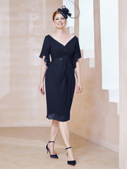 Robe en Mousseline à Col en V Orné de Strass Bleu Marine