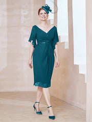Robe en Mousseline à Col en V Orné de Strass Bleu Encre