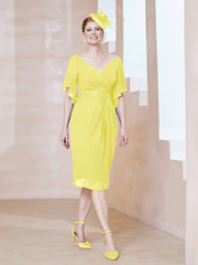 Robe en Mousseline à Col en V Orné de Strass Citron