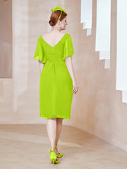 Robe en Mousseline à Col en V Orné de Strass Vert Citron