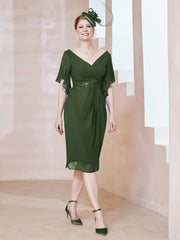 Robe en Mousseline à Col en V Orné de Strass Olive Verte Grande Taille