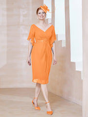 Robe en Mousseline à Col en V Orné de Strass Orange Grande Taille