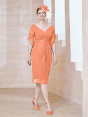 Robe en Mousseline à Col en V Orné de Strass Papaye Grande Taille