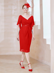 Robe en Mousseline à Col en V Orné de Strass Rouge Grande Taille