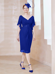 Robe en Mousseline à Col en V Orné de Strass Bleu Royale