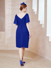 Robe en Mousseline à Col en V Orné de Strass Bleu Royale