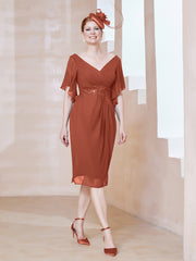 Robe en Mousseline à Col en V Orné de Strass Rouille Grande Taille