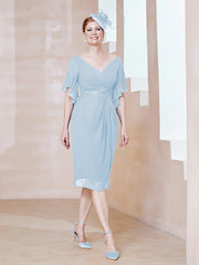 Robe en Mousseline à Col en V Orné de Strass Bleu Ciel Grande Taille