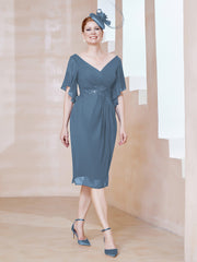 Robe en Mousseline à Col en V Orné de Strass Bleu de Schiste
