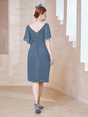 Robe en Mousseline à Col en V Orné de Strass Bleu de Schiste