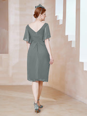 Robe en Mousseline à Col en V Orné de Strass Gris Acier Grande Taille