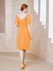 Robe en Mousseline à Col en V Orné de Strass Mandarine