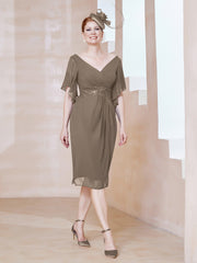 Robe en Mousseline à Col en V Orné de Strass Taupe Grande Taille