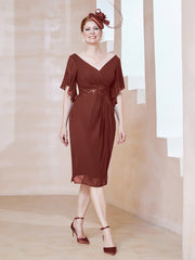 Robe en Mousseline à Col en V Orné de Strass Terracotta