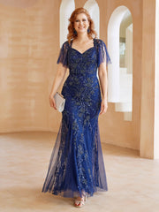 Robe en Tulle et Dentelle Longueur au Sol à Col en V avec Paillettes Bleu Marine Clair Grande Taille