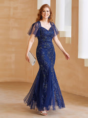 Robe en Tulle et Dentelle Longueur au Sol à Col en V avec Paillettes Bleu Marine Clair Grande Taille