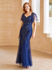 Robe en Tulle et Dentelle Longueur au Sol à Col en V avec Paillettes Bleu Marine Clair Grande Taille