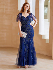 Robe en Tulle et Dentelle Longueur au Sol à Col en V avec Paillettes Bleu Marine Clair Grande Taille