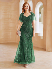 Robe en Tulle et Dentelle Longueur au Sol à Col en V avec Paillettes Vert Foncé