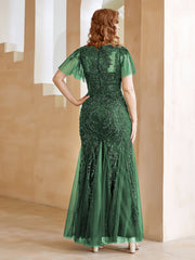 Robe en Tulle et Dentelle Longueur au Sol à Col en V avec Paillettes Vert Foncé Grande Taille