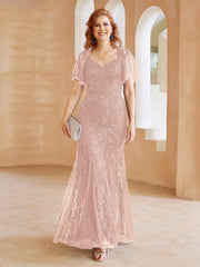 Robe en Tulle et Dentelle Longueur au Sol à Col en V avec Paillettes Rose Poudré Grande Taille