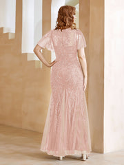 Robe en Tulle et Dentelle Longueur au Sol à Col en V avec Paillettes Rose Poudré