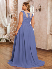 Robe Appliquée et Perlée avec Col en Cœur Pervenche Grande Taille