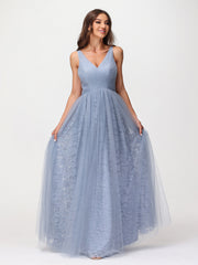 Robes Col en V Doublure en Dentelle et Tulle Bleu Poudré