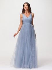 Robes Col en V Doublure en Dentelle et Tulle Bleu Poudré