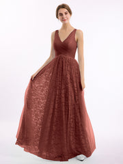 Robes Col en V Doublure en Dentelle et Tulle terracotta