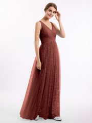 Robes Col en V Doublure en Dentelle et Tulle terracotta