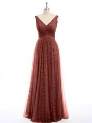 Robes Col en V Doublure en Dentelle et Tulle terracotta