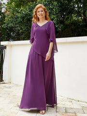 Robe Perlée Longueur au Sol avec Manches Flottantes à Col en V Raisin Grande Taille