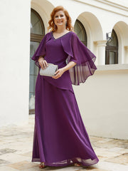 Robe Perlée Longueur au Sol avec Manches Flottantes à Col en V Raisin Grande Taille