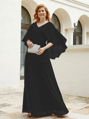 Robe Perlée Longueur au Sol avec Manches Flottantes à Col en V Noir Grande Taille