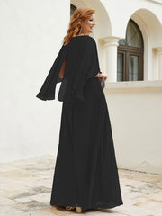Robe Perlée Longueur au Sol avec Manches Flottantes à Col en V Noir