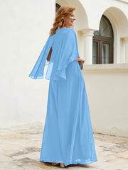 Robe Perlée Longueur au Sol avec Manches Flottantes à Col en V Bleu Grande Taille