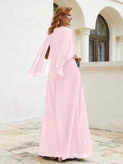 Robe Perlée Longueur au Sol avec Manches Flottantes à Col en V Rose Pâle Grande Taille
