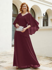 Robe Perlée Longueur au Sol avec Manches Flottantes à Col en V Cabernet