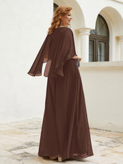 Robe Perlée Longueur au Sol avec Manches Flottantes à Col en V Chocolat