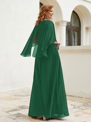 Robe Perlée Longueur au Sol avec Manches Flottantes à Col en V Vert Foncé