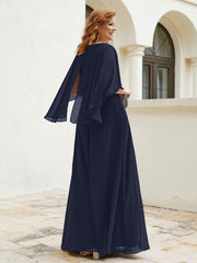 Robe Perlée Longueur au Sol avec Manches Flottantes à Col en V Bleu Marine Grande Taille