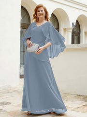 Robe Perlée Longueur au Sol avec Manches Flottantes à Col en V Bleu Poudré