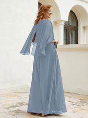 Robe Perlée Longueur au Sol avec Manches Flottantes à Col en V Bleu Poudré