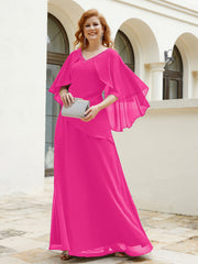 Robe Perlée Longueur au Sol avec Manches Flottantes à Col en V Fuchsia