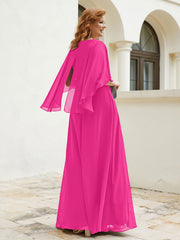 Robe Perlée Longueur au Sol avec Manches Flottantes à Col en V Fuchsia Grande Taille
