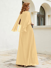 Robe Perlée Longueur au Sol avec Manches Flottantes à Col en V Or