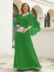 Robe Perlée Longueur au Sol avec Manches Flottantes à Col en V Vert