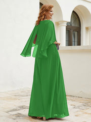 Robe Perlée Longueur au Sol avec Manches Flottantes à Col en V Vert